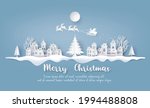 Christmas landscape in white paper cut style featuring snow, pine trees, houses, and text greeting.