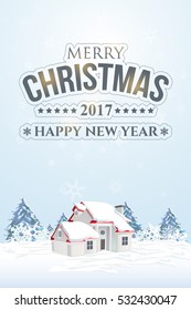 Christmas Landscape, Winter Background Design, Snowflakes, House, Pine Tree and Snow Illustration, Greeting Card Template