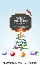 Christmas Landscape, Winter Background Design, Snowflakes, Bird, Pine Tree and Snow Illustration, Greeting Card Template