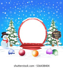 Christmas Landscape, Winter Background Design, Snowflakes, Snowman, Pine Tree, Origami Banner and Snow Illustration, Greeting Card Template