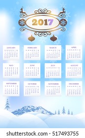 Christmas Landscape, Winter Background, Hills, Mountain and Snow Illustration 2017 Full Calendar Template, Promotion Poster Vector Design - Week Starts Sunday