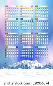 Christmas Landscape, Winter Background, Hills, Mountain and Snow Illustration 2017 Full Calendar Template, Promotion Poster Vector Design - Week Starts Sunday
