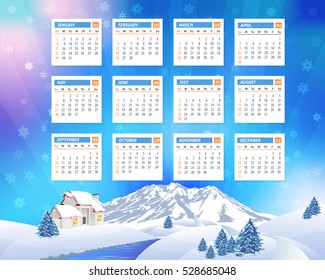 Christmas Landscape, Winter Background, Snowflakes Hills and Snow Illustration 2017 Full Calendar Template, Promotion Poster Vector Design - Week Starts Sunday