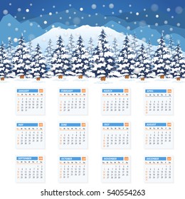 Christmas Landscape, Winter Background, Snowflakes Hills and Snow Illustration 2017 Full Calendar Template, Promotion Poster Vector Design - Week Starts Sunday
