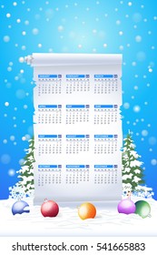 Christmas Landscape, Winter Background, Snowflakes Hills and Snow Illustration 2017 Full Calendar Template, Promotion Poster Vector Design - Week Starts Sunday