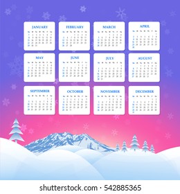 Christmas Landscape, Winter Background, Snowflakes Hills and Snow Illustration 2017 Full Calendar Template, Promotion Poster Vector Design - Week Starts Sunday
