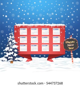 Christmas Landscape, Winter Background, Snowflakes Hills and Snow Illustration 2017 Full Calendar Template, Promotion Poster Vector Design - Week Starts Sunday