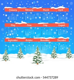 Christmas Landscape, Winter Background, Snowflakes Hills and Snow Illustration 2017 Full Calendar Template, Promotion Poster Vector Design - Week Starts Sunday