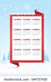 Christmas Landscape, Winter Background, Snowflakes Hills and Snow Illustration 2017 Full Calendar Template, Promotion Poster Vector Design - Week Starts Sunday