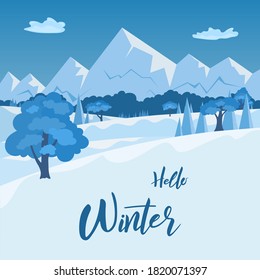 Paisaje navideño con día de invierno en el bosque y montañas cubiertas de nieve blanca y letras de mano. Ilustración del vector EPS 10