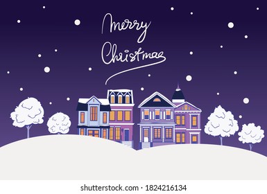 Christmas landscape. Winter houses and trees. Merry Christmas.