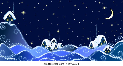 Christmas Landscape of winter night in village