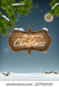 Christmas Landscape With Wooden Board. Vector Illustration.