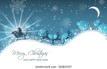 Christmas landscape/Santa on sleigh with reindeer on hill/moonscape, trees, and snow. Vector illustration.