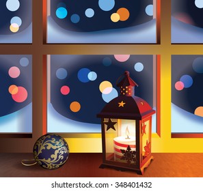 Christmas lantern and ball on window.Winter night