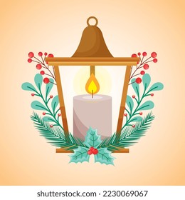 christmas lantern between leaves and flowers . vector illustration