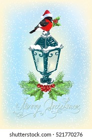 Christmas lantern with bullfinch in Santa Claus hat, decorative spruce and holly berries on snowfall  background in retro style