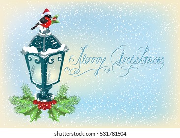 Christmas lantern with bullfinch in Santa Claus hat, decorative spruce and holly berries on snowfall  background in retro style