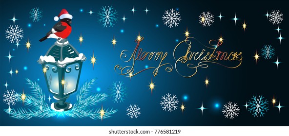 Christmas lantern with bullfinch in Santa Claus hat and decorative spruce on snowfall  background in retro style