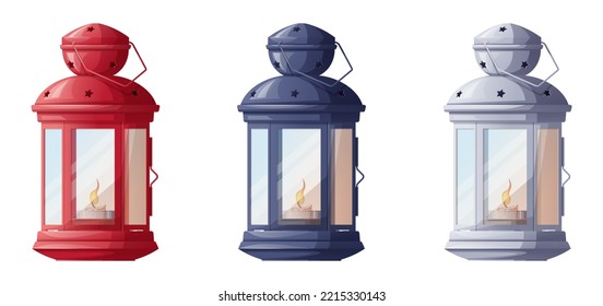 Christmas lantern with a burning candle isolate on a white background. Set of red, blue, white lantern.New Year's decor, Christmas holiday symbol, festive mood