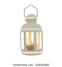 Christmas lantern with burning candles inside flat vector illustration