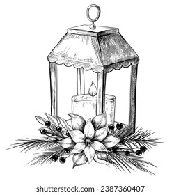 Christmas lantern with candle and flowers
