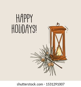 Christmas lantern with candle and pine branch, jingle bells. Modern trendy home decor illustration for  masterclass, workshop, advertising. Winter holidays  concept. 