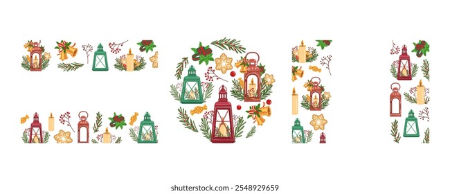 Christmas lantern composition with candles and decorations in flat style