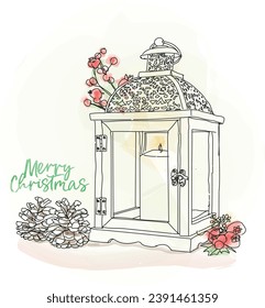 Christmas lantern decorated with a wild rose and pine cones, vector illustration