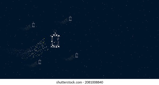 A Christmas lantern filled with dots flies through the stars leaving a trail behind. There are four small symbols around. Vector illustration on dark blue background with stars