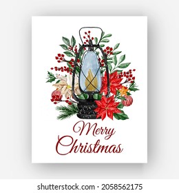 christmas lantern with flower poinsettia watercolor illustration