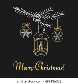 Christmas lantern hanging on fir branches, Merry Christmas and Happy New Year greeting card, hand drawn line vector illustration.