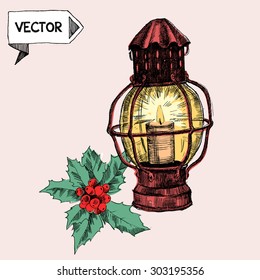 christmas lantern and mistletoe branch vintage decoration, vector
