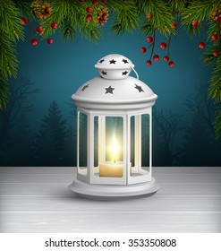 Christmas Lantern on Wooden Floor with Pine Branches on Dark Blue Background