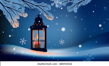 Christmas lantern with snowfall in the night background