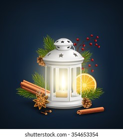 Christmas Lantern with Spices on Dark Blue Background