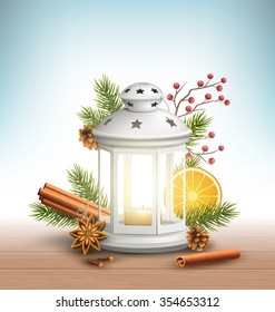 Christmas Lantern with Spices on Wooden Floor on Blue Background
