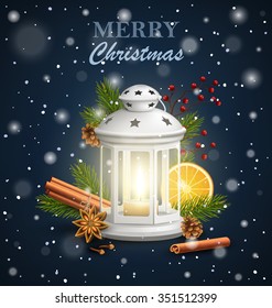 Christmas Lantern with Spices in Snowfall on Dark Blue Background