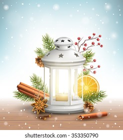 Christmas Lantern with Spices in Snowfall on Wooden Floor on Blue Background