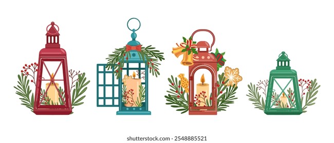 Christmas lanterns with candles and festive decorations in flat style