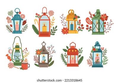 Christmas lanterns set winter decor flat design vector