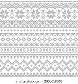 Christmas Lapland vector seamless winter pattern, Sami people folk art design, traditional knitting and embroidery in gray on white background. Nordic, Scandinavian retro patterns from Norway, Sweden