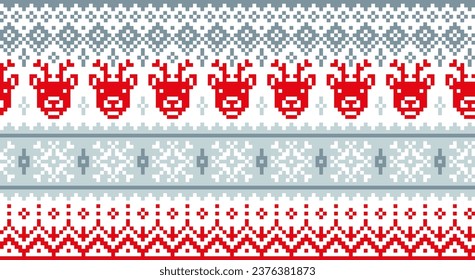 Christmas Lapland winter seamless pattern. Nordic background with snowflakes and reindeer, traditional knitting and embroidery in gray and red color.