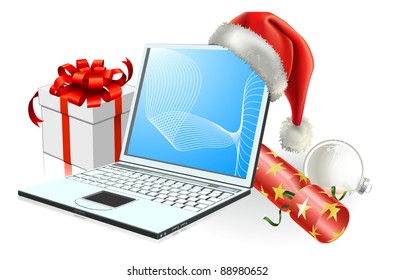 Christmas laptop computer with Santa hat, gift cracker and bauble