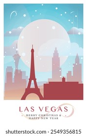 Christmas Las Vegas retro poster for winter  festives, New Year in USA. Greetings, happy holidays and merry xmas from Nevada, United States of America vector postcard layout