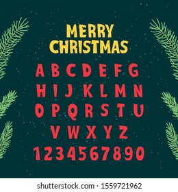 Christmas latin font. Vector cartoon english alphabet with fir tree branch, New Year typography. Funny Hand Lettering font for holiday design in logo, greeting cards, artistic poster, text for banner