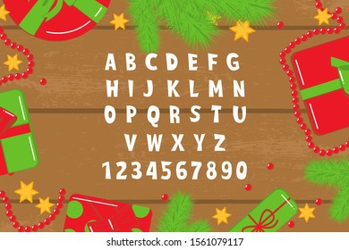 Christmas latin font. Vector cartoon english alphabet with fir tree branch, New Year typography. Funny Hand Lettering font for holiday design in logo, greeting cards, artistic poster, text for banner