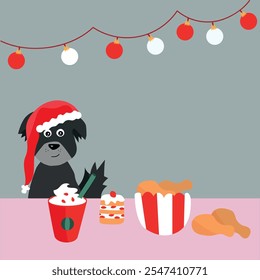 Christmas latte, dog in a cafeteria with drink and cake