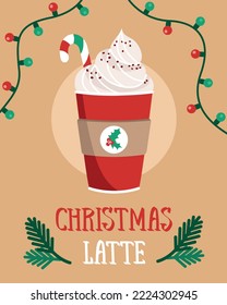 Christmas Latte Drink, Illustration Of Cardboard On Red Cup And Coffee To Go, Christmas Advert Banner For Cafe.