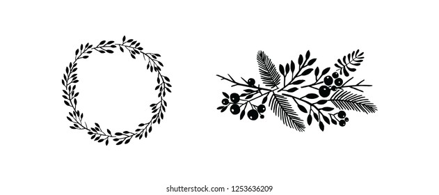 Christmas Laurel  Wreath Vector and Winter Composition. Hand Drawn elements for invitations, greeting cards, quotes, blogs, posters 